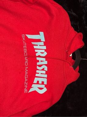 Thrasher Red Hoodie with Light Blue Logo